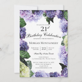 Invitación Hortensias marfil y púrpura | Cumpleaños 21 blanco