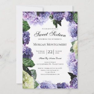 Invitación Hortensias marfil y púrpura Sweet Sixteen blanco