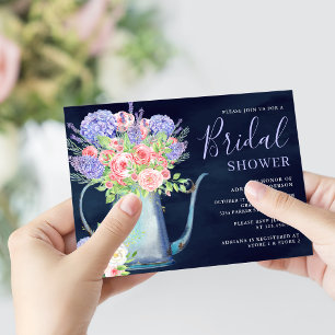 Invitación Hortensias Rosas Rosa Rubor Azul Marino Lluvia de 