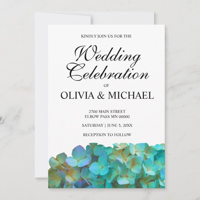 Invitación hortensias verde azuladas, flores moradas azules d (Anverso)