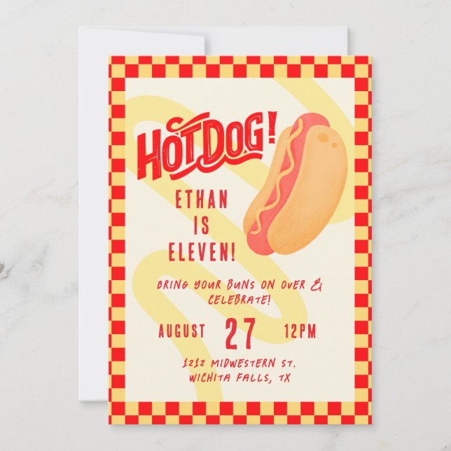 Invitación Hot Dog! Cook out themed, Any age birthday  (Anverso)