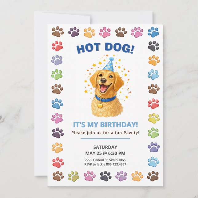 Invitación Hot Dog It’s My Birthday, Puppy Paw-ty  (Anverso)