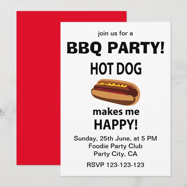 Invitación Hot Dog Me Hace Feliz Fiesta de Hot Dog BBQ (Anverso / Reverso)