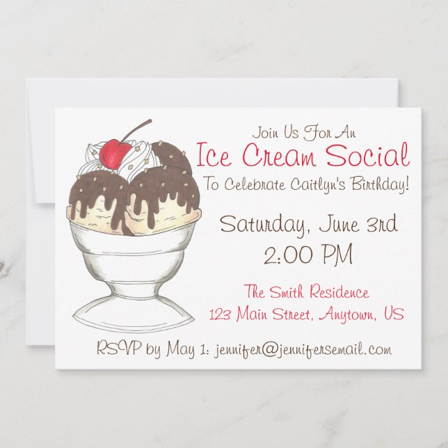 Invitación Hot Fudge Sundae Ice Cream Social Birday Party (Anverso)