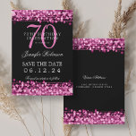 Invitación Hot Pink 70th Birthday Save the Date<br><div class="desc">Elegante diseño de "fiesta de cumpleaños 70" con luces de cuerda de color rosado caliente y nombre personalizado y texto de detalles. Fácil de usar y fácil de personalizar. ¡No te quedes sin el tuyo!</div>