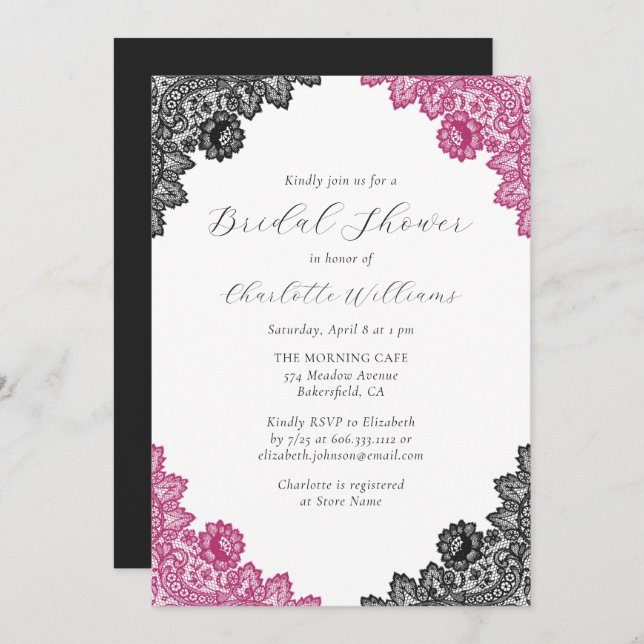 Invitación Hot Pink and Black Floral Lace Bridal Shower (Anverso / Reverso)