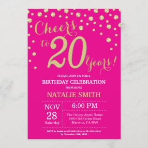 Invitación Hot Pink and Gold 20 Birthday Diamond