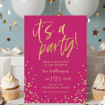 Invitación Hot Pink and Gold 50th Birthday Party<br><div class="desc">Invitación a la fiesta de cumpleaños número 50 de Hot Pink y Gold ¡Sus invitados sabrán que este será un fiesta divertido solamente viendo esta invitación! Este diseño presenta una tipografía divertida,  un fondo rosado y muchos confeti dorados.</div>