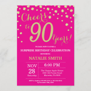 Invitación Hot Pink and Gold Surprise 90th Birthday Diamond