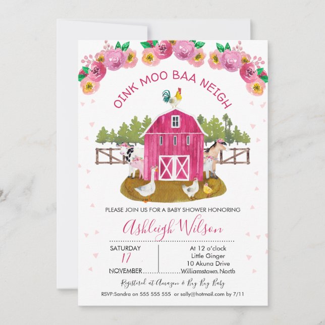 Invitación Hot Pink Barn Farm Farmyard Animals Baby Shower (Anverso)