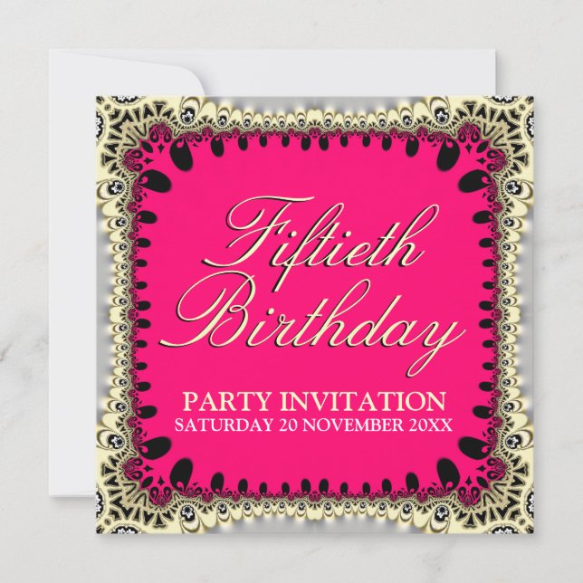 Invitación Hot Pink & Black 50th Tribal Lace Birthday Party (Anverso)