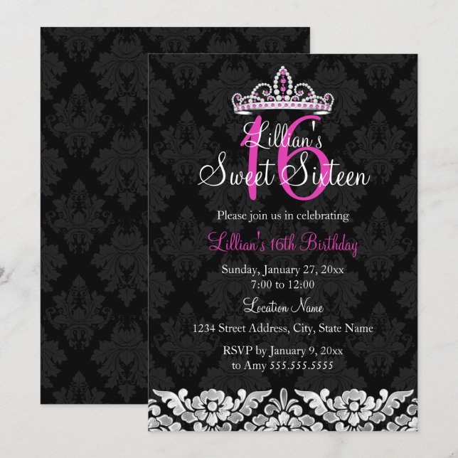 Invitación Hot Pink Black Damask & Tiara Sweet 16 (Anverso / Reverso)
