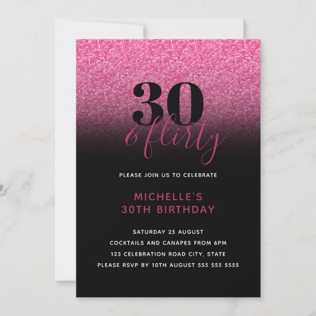 Invitación Hot Pink & Black Faux Purpurina 30 & Flirty Thirty (Anverso)