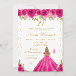 Invitación Hot Pink Blonde Hair Princess Birthday Party