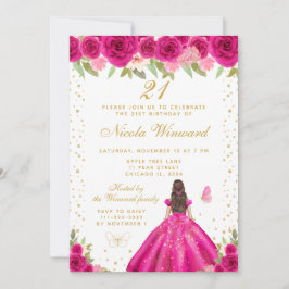 Invitación Hot Pink Brunette Hair Princess Birthday Party