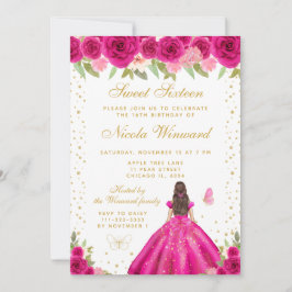 Invitación Hot Pink Brunette Hair Princess Sweet Sixteen