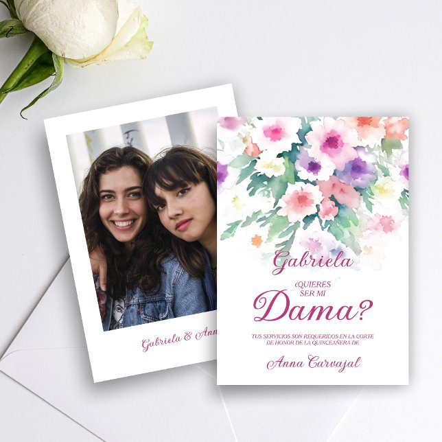 Invitación Hot Pink Charming Delicate Wildflowers Quinceañera (Hot Pink Spanish Charming Delicate Colorful Wildflowers Quinceañera Dama with Photo Proposal Card. )