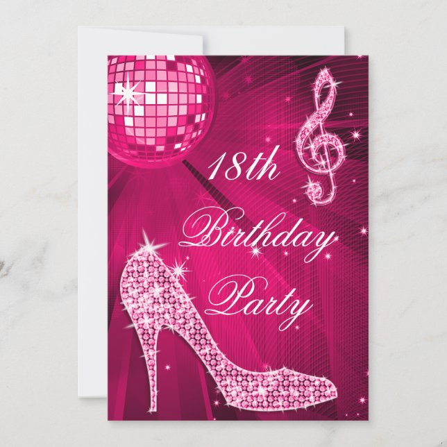 Invitación Hot Pink Disco Ball Sparkle Heels 18 cumpleaños (Anverso)