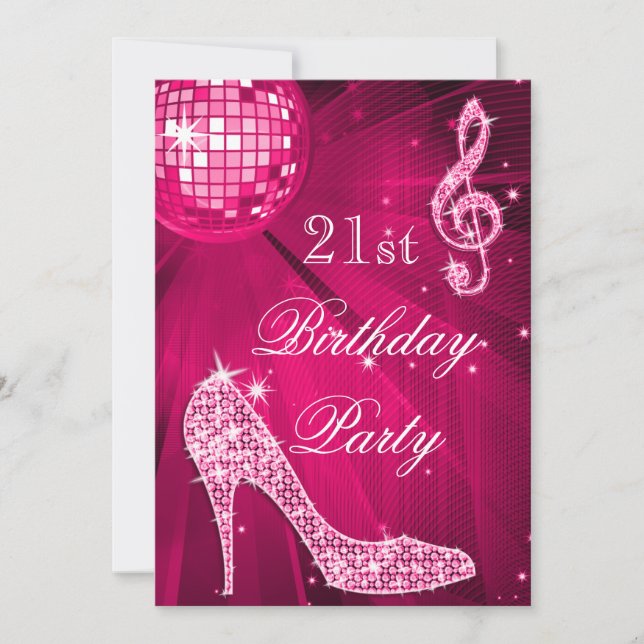 Invitación Hot Pink Disco Ball Sparkle Heels 21 cumpleaños (Anverso)