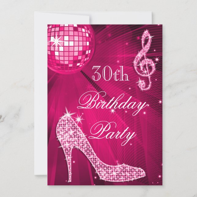 Invitación Hot Pink Disco Ball Sparkle Heels 30 cumpleaños (Anverso)