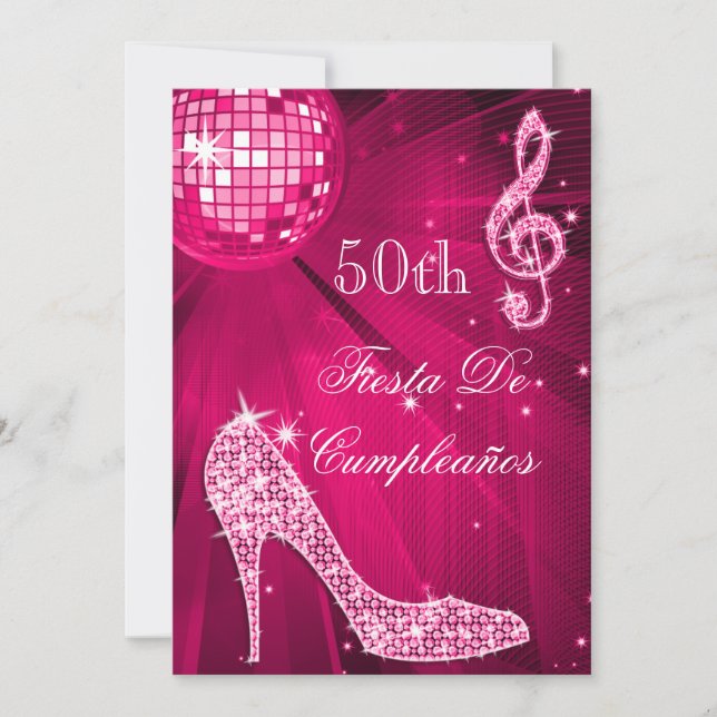 Invitación Hot Pink Disco Ball Sparkle Heels 50th Birthday  (Anverso)