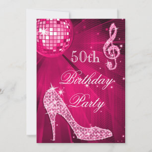 Invitación Hot Pink Disco Ball Sparkle Heels 50th Cumpleaños