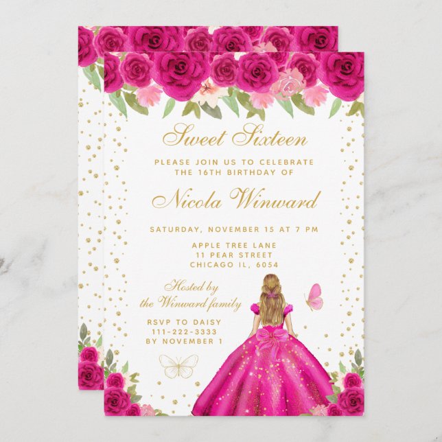 Invitación Hot Pink Floral Blonde Hair Princess Sweet Sixteen (Anverso / Reverso)