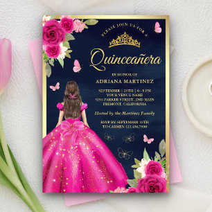 Invitación Hot Pink Floral Butterfly Azul Marino Dorado Quinc