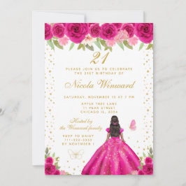 Invitación Hot Pink Floral Dark Skin Princess Birthday Party