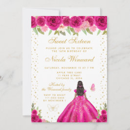 Invitación Hot Pink Floral Dark Skin Princess Sweet Sixteen