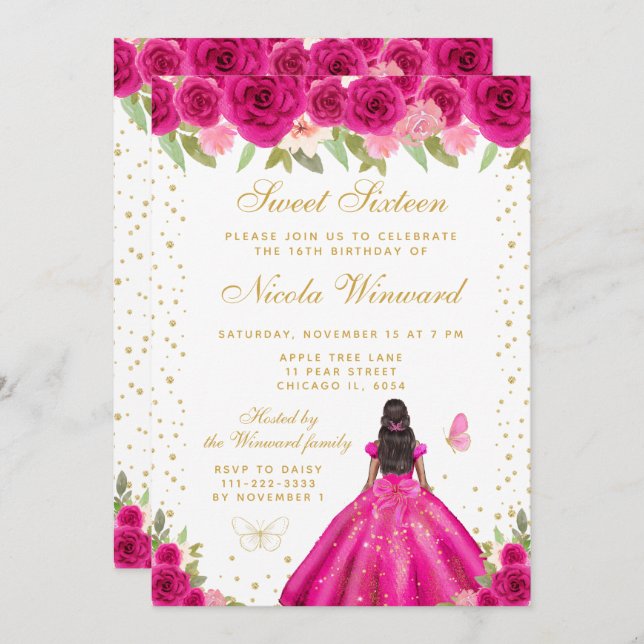 Invitación Hot Pink Floral Dark Skin Princess Sweet Sixteen (Anverso / Reverso)
