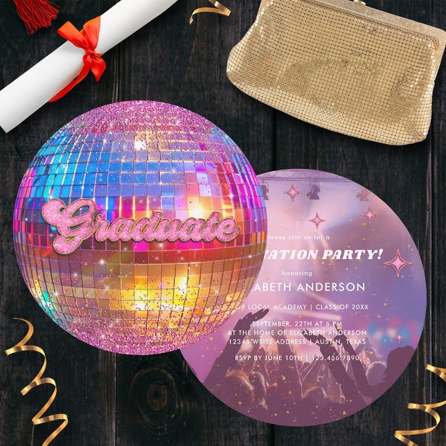 Invitación Hot Pink Glitter Disco Ball Party Graduation (Subido por el creador)