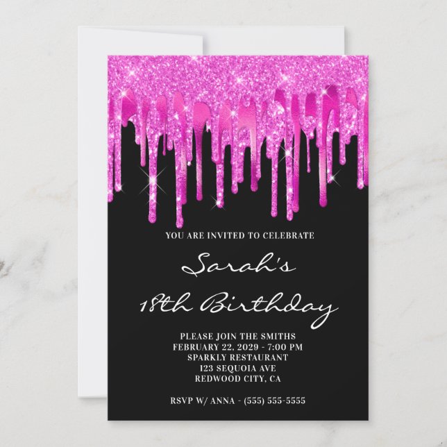 Invitación Hot Pink Glitter Foil Drips Black 18th Birthday (Anverso)