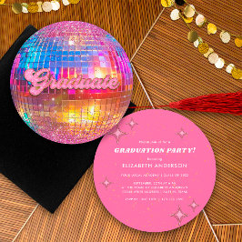 Invitación Hot Pink Glitter Retro Disco Ball Graduation Party