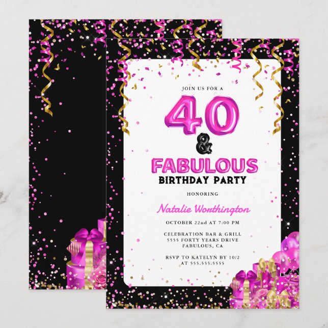 Invitación Hot Pink Gold 40 Fabuloso 40 cumpleaños (Anverso / Reverso)