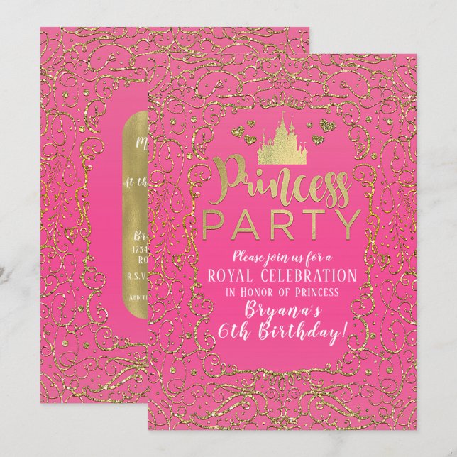 Invitación Hot Pink & Gold Castle PRINCESS FIESTA Cumpleaños (Anverso / Reverso)
