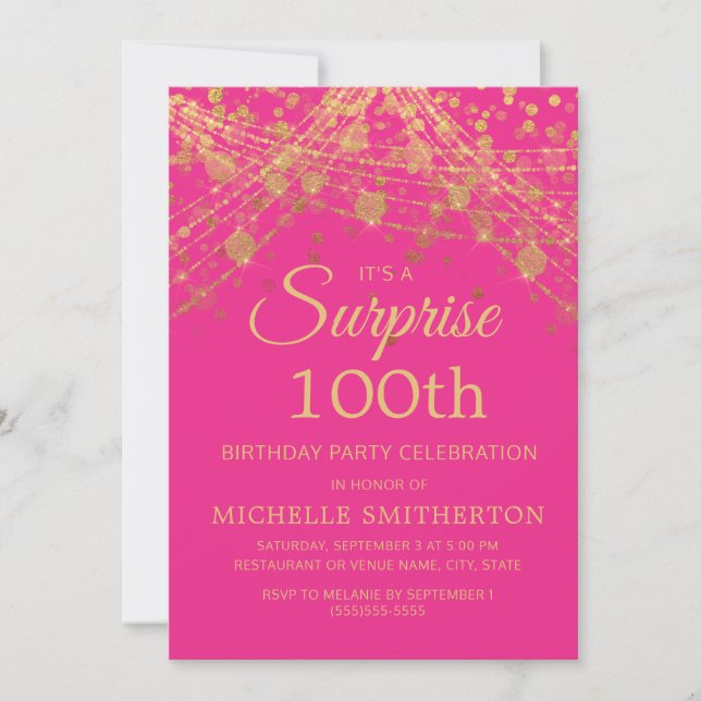 Invitación Hot Pink Gold Surprise 100 cumpleaños (Anverso)