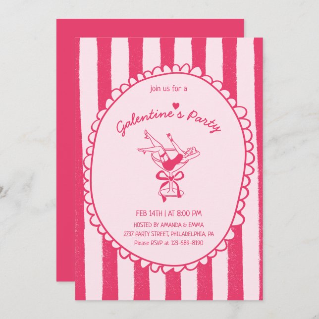 Invitación Hot Pink Hand Drawn Galentine's Day Party (Anverso / Reverso)