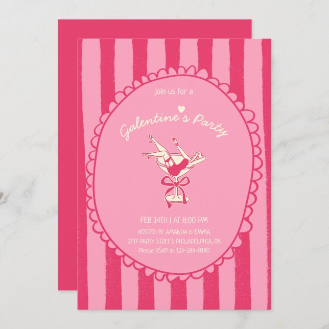 Invitación Hot Pink Hand Drawn Galentine's Day Party (Anverso / Reverso)