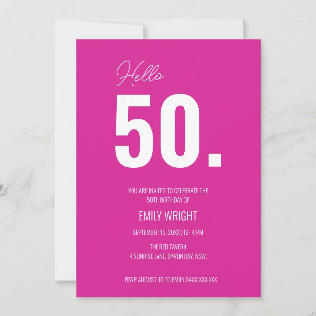 Invitación Hot Pink Hello Fifty Birhday Invitation (Anverso)