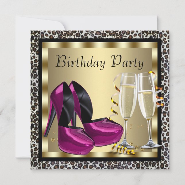 Invitación Hot Pink High Heel Shoes Womans Leopard Birthday (Anverso)