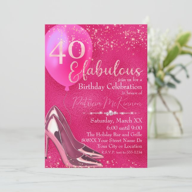 Invitación Hot Pink High Heel Stilettos Purpurina 40 cumpleañ (Anverso de pie)