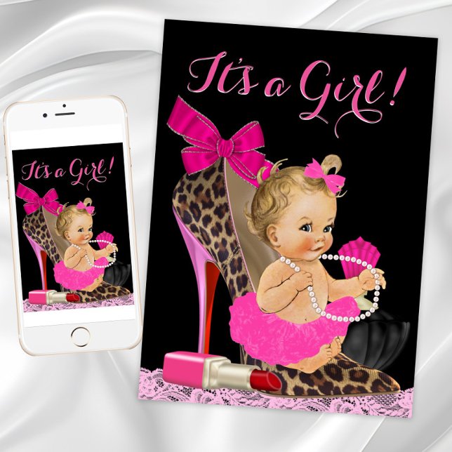 Invitación Hot Pink Leopard High Heel Shoe Baby Shower (Hot Pink Leopard High Heel Shoe Baby Shower Invitation. Instant download & printed invitations.)
