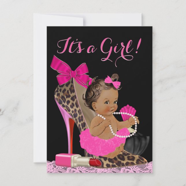 Invitación Hot Pink Leopard High Heel Shoel Ethnic Baby Showe (Anverso)