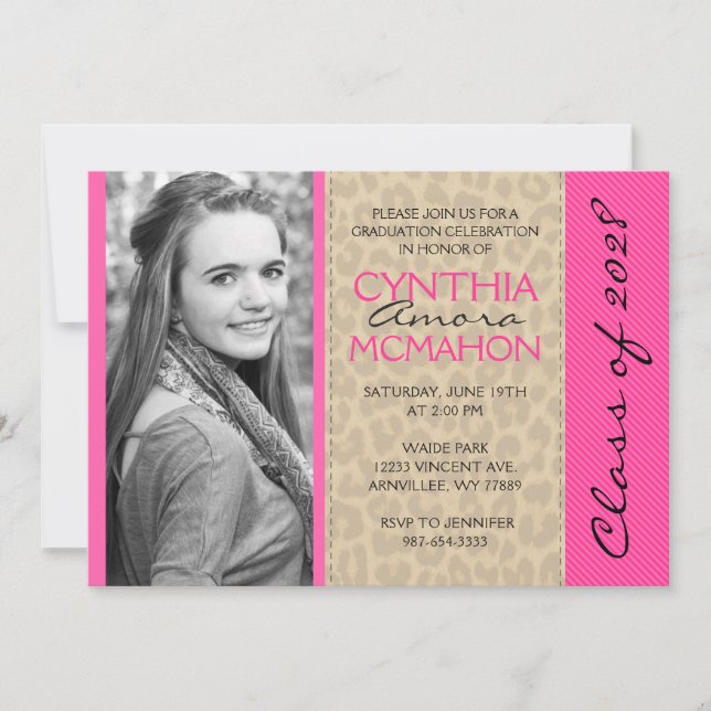 Invitación Hot Pink & Leopard Photo Graduation (Anverso)