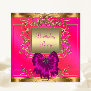 Invitación Hot Pink, Naranja y Gold Birday Party