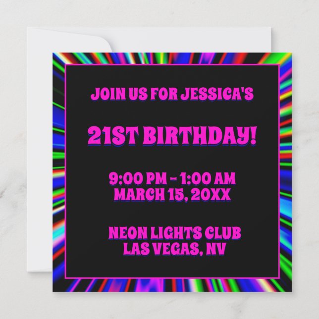 Invitación Hot Pink Neon Lights Club 21st Birthday (Reverso)