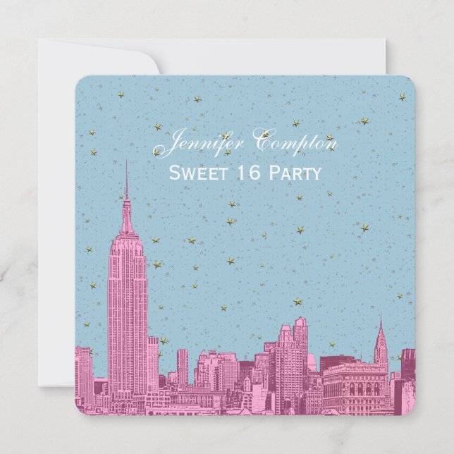 Invitación Hot Pink NYC Skyline Etch Blue Starry SQ Sweet 16 (Anverso)