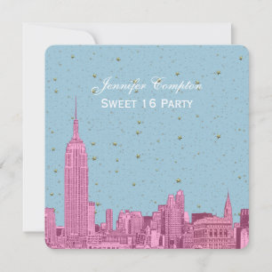 Invitación Hot Pink NYC Skyline Etch Blue Starry SQ Sweet 16
