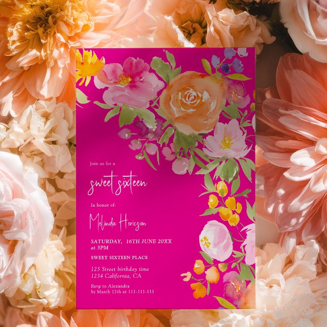 Invitación Hot Pink romantic summer floral sweet 16 (Hot Pink romantic summer floral sweet 16 Invitation)